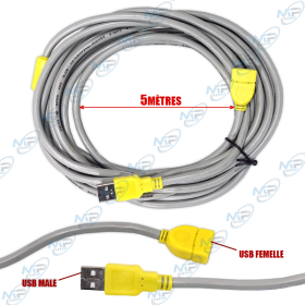 🔌 Câble Extension USB 2.0 5m Gris Jaune – Rallonge USB Mâle/Femelle Haute Performance