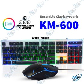 ⌨️ Clavier Gamer Semi-Mécanique RGB KM-600 + Souris – Combo AZERTY Arabe/Français