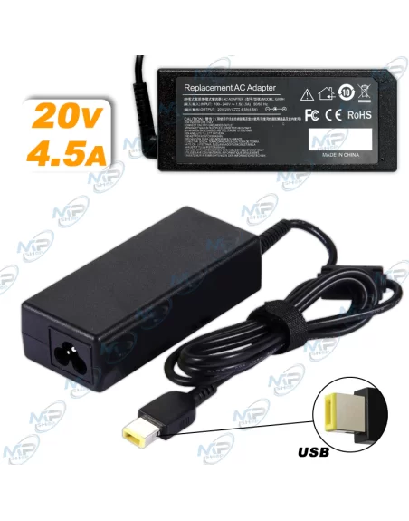 💻Chargeur Lenovo 90W 20V 4.5A - Embout Carré Jaune "USB"