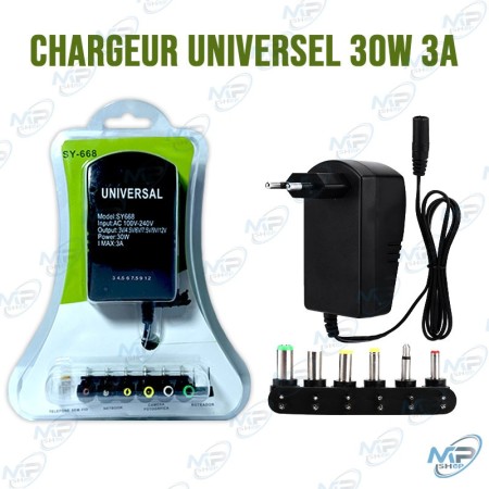 🔌 Chargeur Universel 30W 3A Multi-Embouts – Adaptateur Secteur Réglable pour Appareils Électroniques