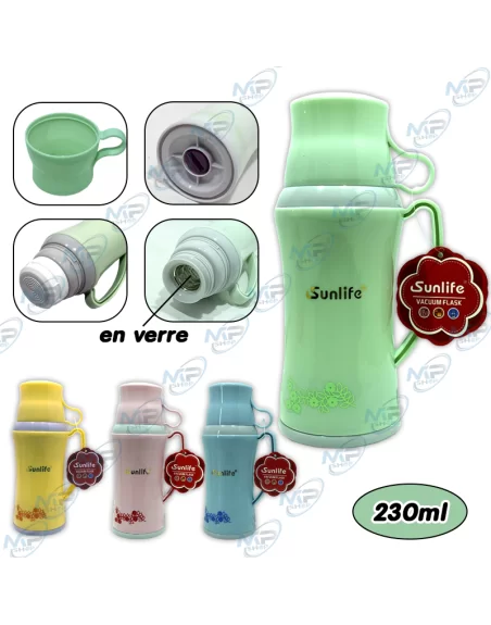 ☕Thermos Verre Rétro 230ml Sunlife - Bouteille Isotherme Tasse Intégrée