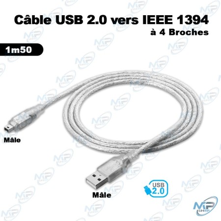 🔌 Câble USB 2.0 vers IEEE 1394 FireWire 4 Broches Mâle/Mâle 1,5 m
