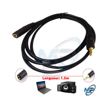 🔌 Rallonge Audio Jack 3.5 mm Mâle vers Femelle 1,5 m – Câble AUX Haute Qualité pour Casque, PC, Smartphone et Enceinte