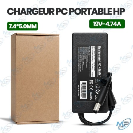 🔌 Chargeur PC Portable HP 19V 4.74A – Connecteur 7.4 × 5.0 mm – Adaptateur Secteur Compatible HP