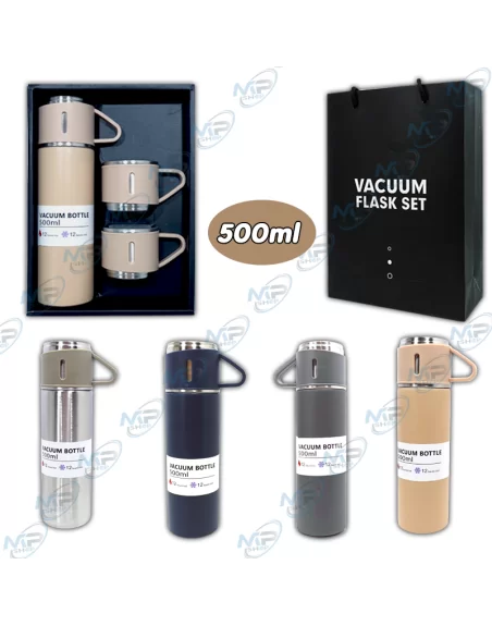 💧Coffret Thermos Voyage 500ml Inox - Bouteille + 2 Tasses, 12h Chaud/Froid