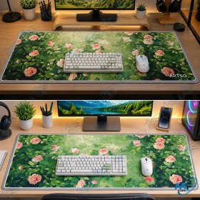 🖱️ Tapis Souris Grand Format 89,5 × 39,5 cm – Motif Floral Vert & Roses