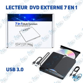 💿 Lecteur DVD Externe 7-en-1 USB 3.0 – Lecteur Optique Multifonction pour PC et Ordinateur Portable