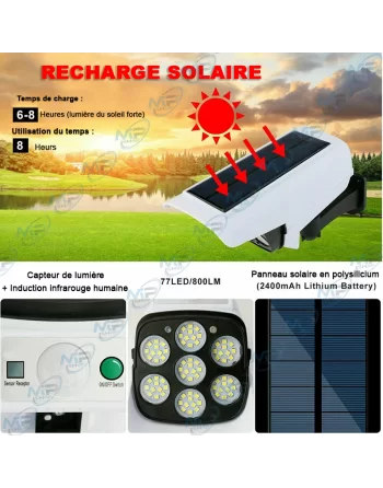 🚨Lampe de Sécurité Solaire 77 LED avec Télécommande & Détecteur PIR | Effet Caméra