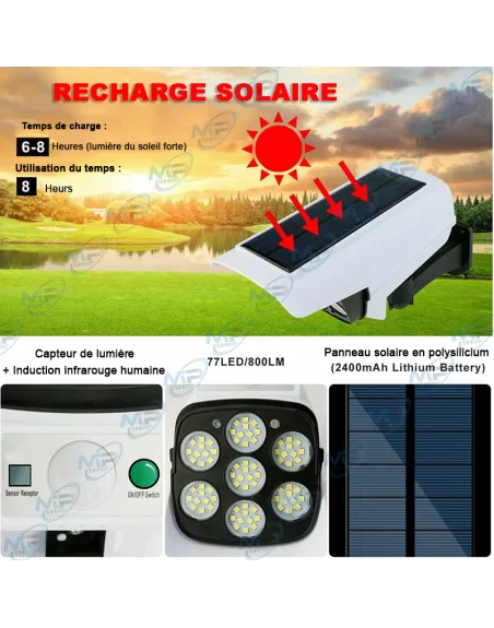 🚨Lampe de Sécurité Solaire 77 LED avec Télécommande & Détecteur PIR | Effet Caméra