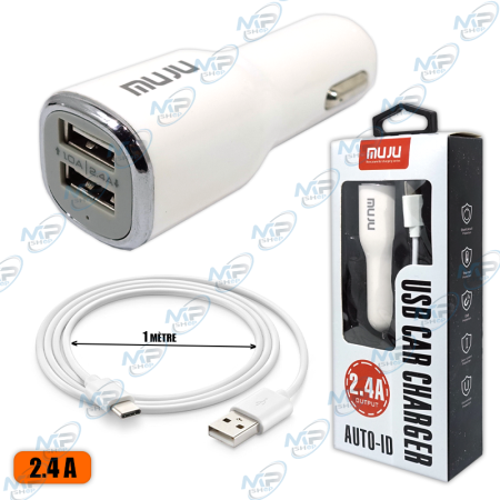 🚗Chargeur Allume-Cigare NUJU Double USB 2.4A avec Câble USB-C 1m – Adaptateur Voiture Charge Rapide 12V/24V