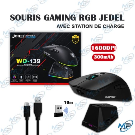 🖱️ Souris Gaming RGB JEDEL WD-139 – 1600 DPI, Batterie 300 mAh et Station de Charge