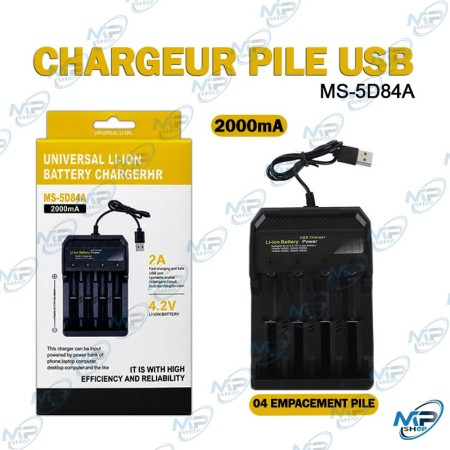 ⚡ Chargeur universel USB MS-5D84A pour batteries Li-ion – 4 emplacements, 4,2 V