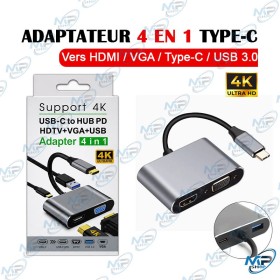 🔌 Adaptateur USB-C 4 en 1 HDMI VGA USB 3.0 avec USB-C PD – 4K Ultra HD