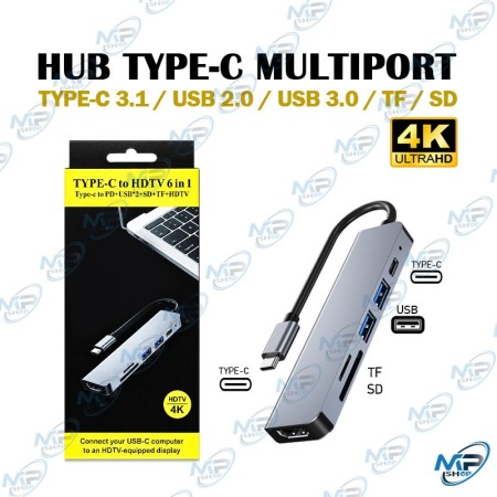 🔌 Hub USB-C 6-en-1 HDMI 4K – USB 3.0, USB 2.0, lecteur SD/TF et USB-C PD
