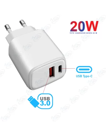 ⚡Tête Chargeur Rapide DEVIS 20W Double Port USB 3.0 & Type-C PD