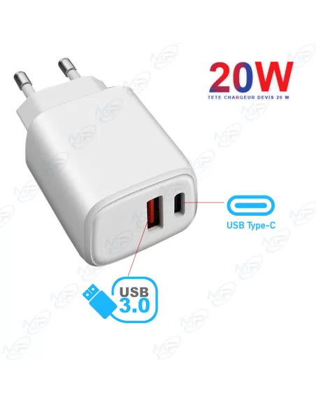 ⚡Tête Chargeur Rapide DEVIS 20W Double Port USB 3.0 & Type-C PD