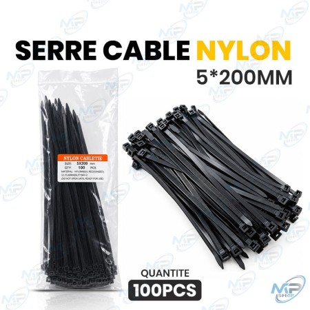 🧵 Serre-câbles Nylon Noir 5 × 200 mm – Lot de 100 pièces