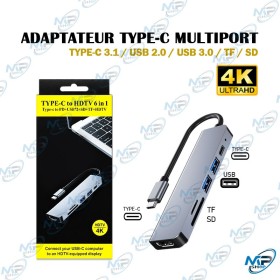 🔌 ADAPTATEUR TYPE-C 6-en-1 HDMI 4K – USB 3.0, USB 2.0, lecteur SD/TF et USB-C PD
