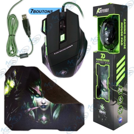 🖱️ KEYWIN 7D – Pack Souris Gaming 7 Boutons + Tapis de Souris Gaming LED