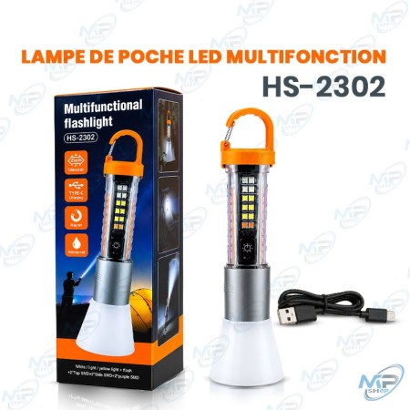 🔦 Lampe de Poche LED Multifonction Rechargeable HS-2302 – Éclairage Portable avec Crochet, Aimant et Zoom