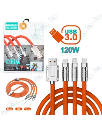 ⚡ Câble de Chargement Rapide 3-en-1 (Micro USB, iOS, Type-C) | 120W & 6A