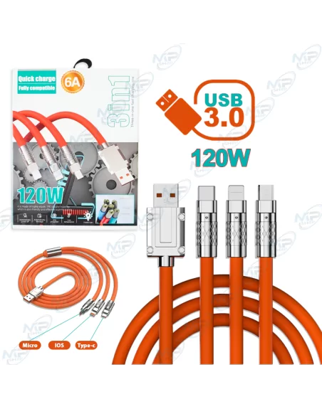 ⚡ Câble de Chargement Rapide 3-en-1 (Micro USB, iOS, Type-C) | 120W & 6A