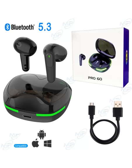 👂Écouteurs TWS Gaming MUJU PRO 60 – Bluetooth 5.3, Lumières LED, Son Stéréo HiFi