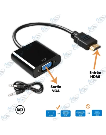 Adaptateur HDMI mâle vers HDMI et VGA Femelles + Entrée Audio et