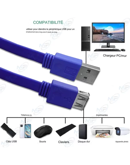 RALLONGE PLAT USB MÂLE FEMELLE 1.5 M