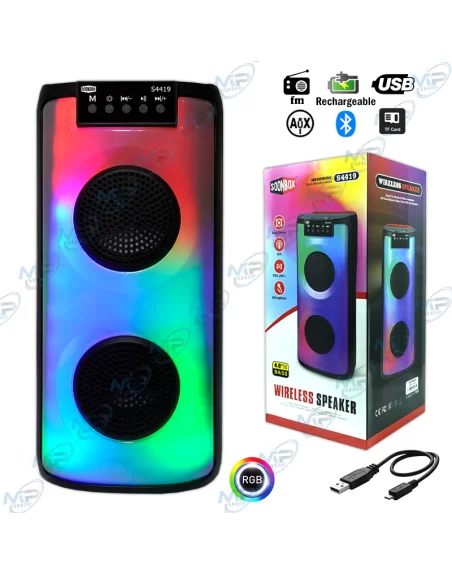 🔊Enceinte Bluetooth RGB S4419 Rechargeable – FM, USB, AUX, Carte TF, Microphone Intégré