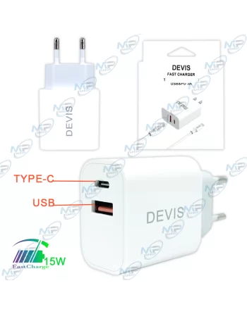 ⚡Chargeur Rapide DEVIS Double Port USB & Type-C 15W - Charge Murale 3A