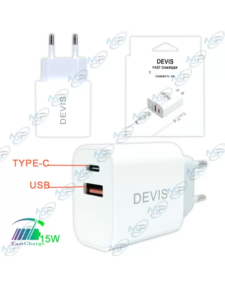 ⚡Chargeur Rapide DEVIS Double Port USB & Type-C 15W - Charge Murale 3A