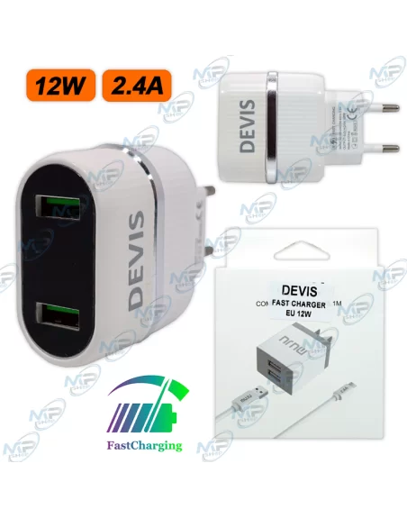 ⚡Tête de Charge Rapide DEVIS Dual USB 12W (2.4A) - Adaptateur Secteur Universel