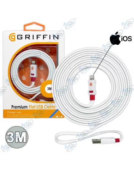 ⚡Câble Plat Griffin Lightning 3M Premium | Zéro Nœud, Grande Liberté iOS