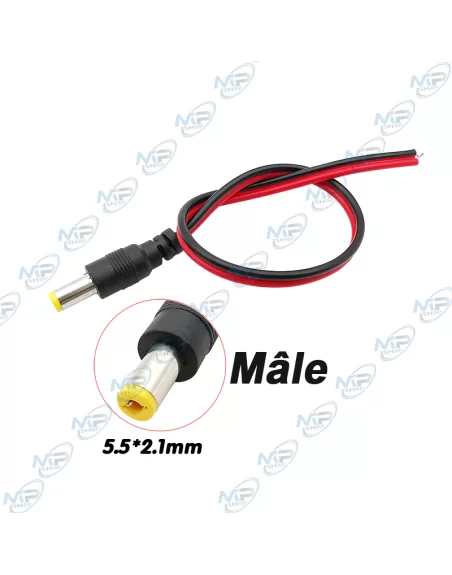 ⚡Connecteur DC Mâle 5.5x2.1mm | Fiche d'Alimentation Câble Nu 24cm