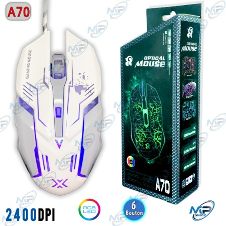 🎮Souris Gamer Filaire A70 – 2400 DPI Réglable, 6 Boutons, LED RGB