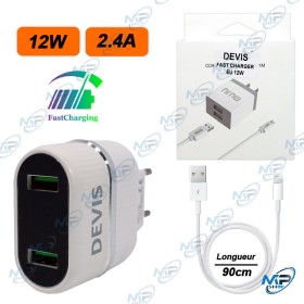 Kit Chargeur Double USB 2.4A (12W) DEVIS | Câble Lightning 1M Inclus | MJ-A12