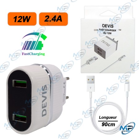 Kit Chargeur Double USB 2.4A (12W) DEVIS | Câble Lightning 1M Inclus | MJ-A12