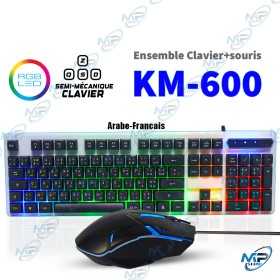 ⌨️🖱️ Clavier & Souris Gaming RGB KM-600 – Kit Semi-Mécanique Arabe/Français avec LED Multicolore