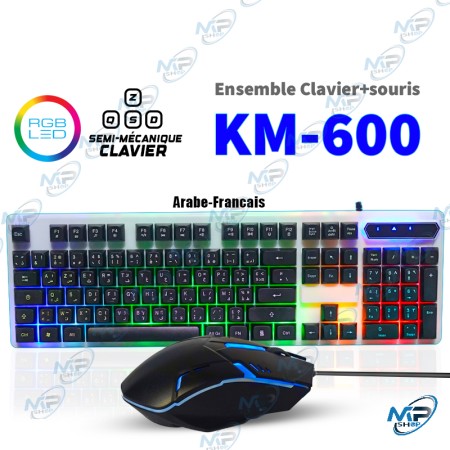 ⌨️Kit Gaming Clavier Semi-Mécanique (Arabe-Français) & Souris Filaire RGB KM-600