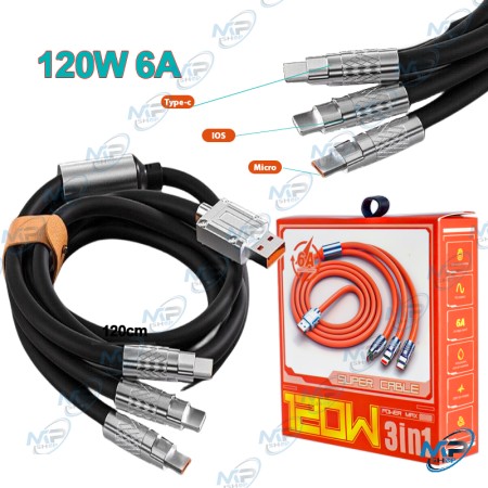 🚀Câble de Charge Rapide 3-en-1 Puissance Max 120W (6A) - Universel