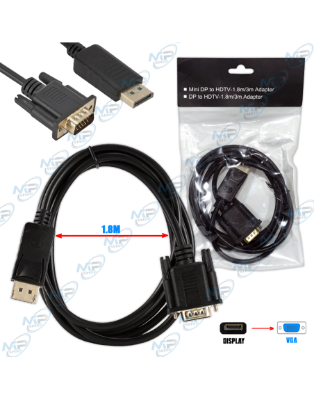 🖥️Câble Adaptateur DisplayPort vers VGA 1.8m – Full HD 1080p