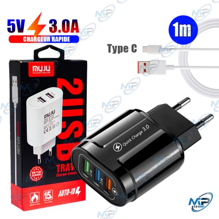 ⚡MUJU Chargeur Secteur 4 Ports USB (QC 3.0) 15W – Kit Câble USB-C