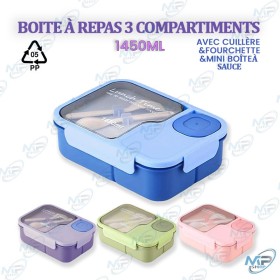 🍱 Boîte à repas 3 compartiments 1450ML avec couvercle hermétique, couverts intégrés et mini boîte à sauce – Lunch box alimentai