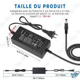 🔌Chargeur Adaptateur Secteur 12V 5A Universel - Alimentation 60W DC