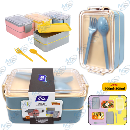 Boîte repas 2 étages avec couvercle et couverts (400 ml / 500 ml)