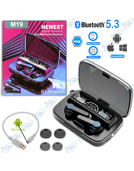 Écouteurs Bluetooth M19 TWS – Bluetooth 5.3 • Affichage LED • Étanches IPX7 • Recharge rapide & 2000 mAh • Son Hi‑Fi & commandes