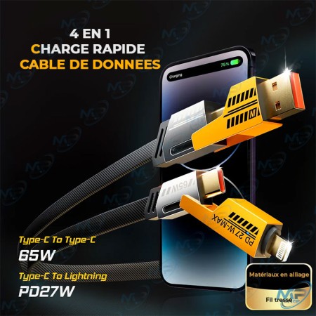 🔌 Câble de Charge Rapide Universel 65W/27W – USB/Type-C vers Lightning & Type-C
