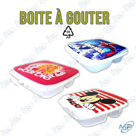 🍱Boîte à goûter compartimentée pour enfants – 3 compartiments – Licences officielles (Barbie, Mickey, Spiderman) – Plastique PP0