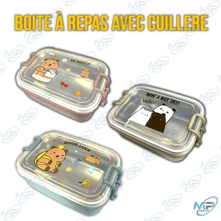 🍱Boîte à Repas Enfant avec Cuillère Intégrée – Design Mignon & Étanche – 228.6 cm² – Acier Inox & Plastique – "Have a Nice Day"